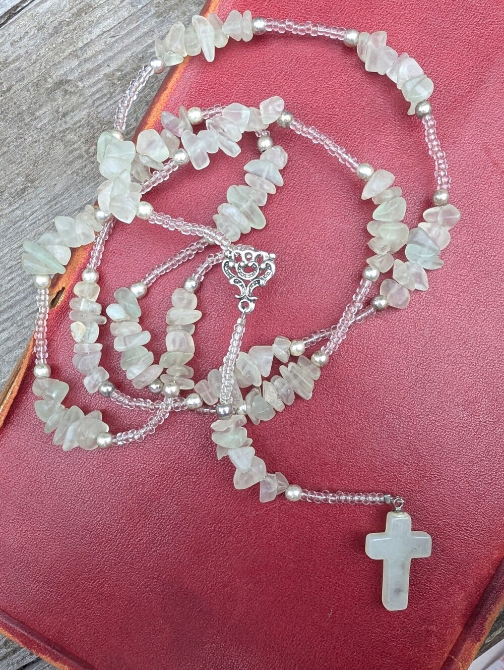 Vintage Beaded Cross Rosary, Gemstone Necklace, Religious Gift
